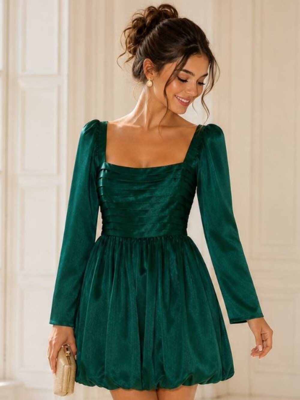 Abercrombie & Fitch Emerald Green Satin Mini Dress Balloon Hem NWT Large,size L